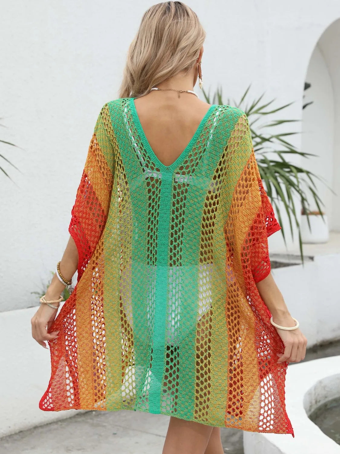 Rainbow Gradient Crochet Beach Cover Up with Cutout.