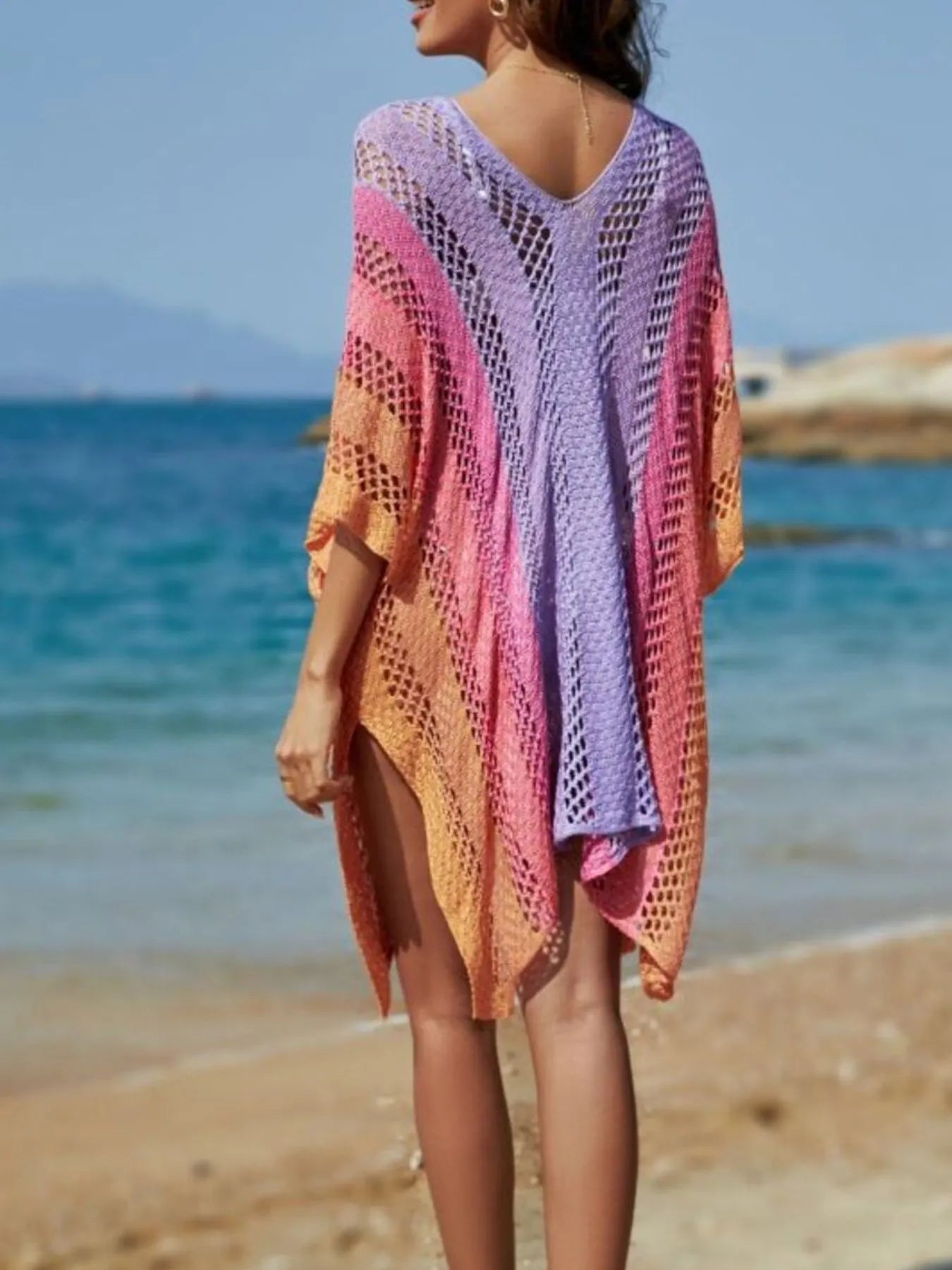 Rainbow Gradient Crochet Cover-Up with Openwork.