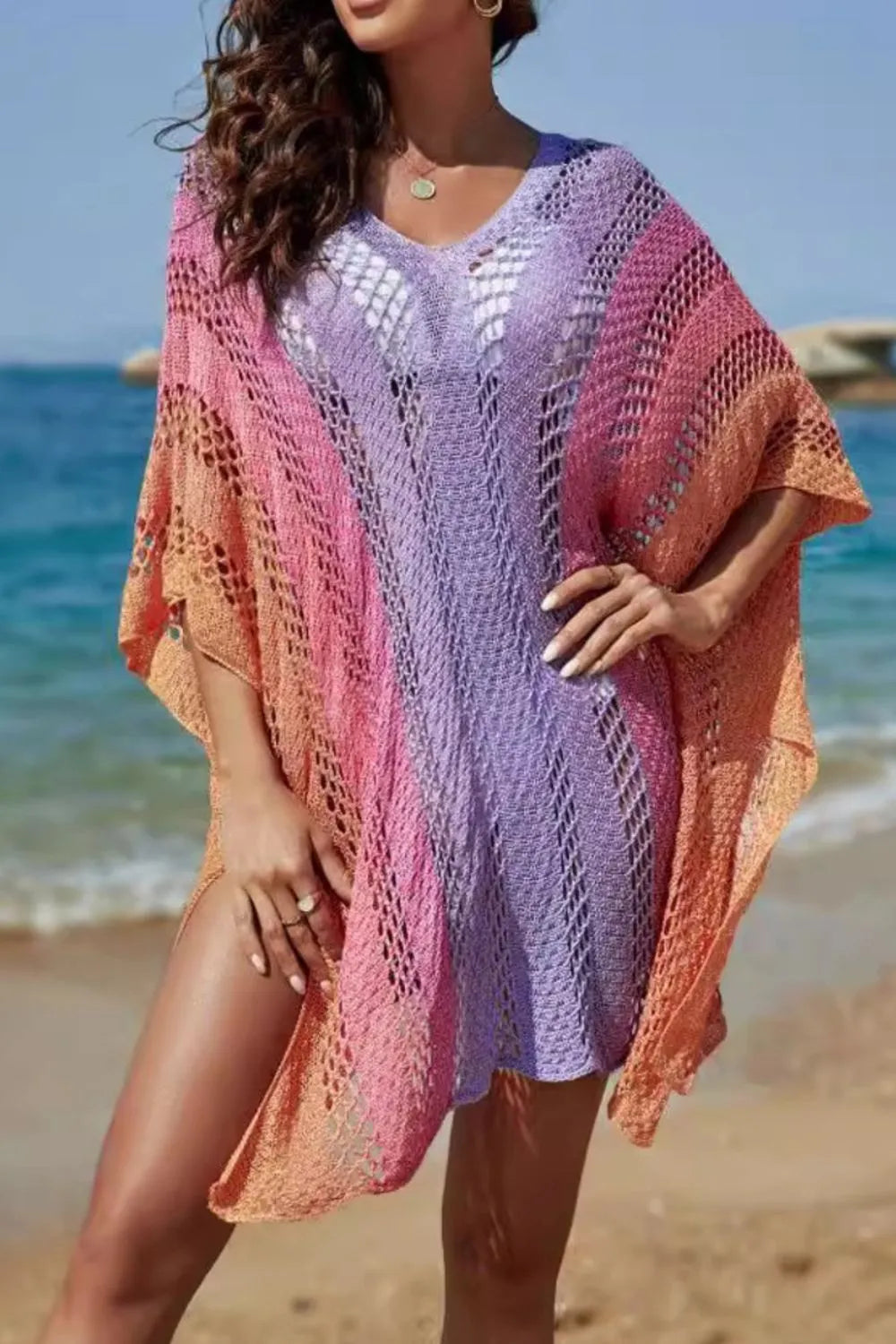 Rainbow Gradient Crochet Cover-Up with Openwork.