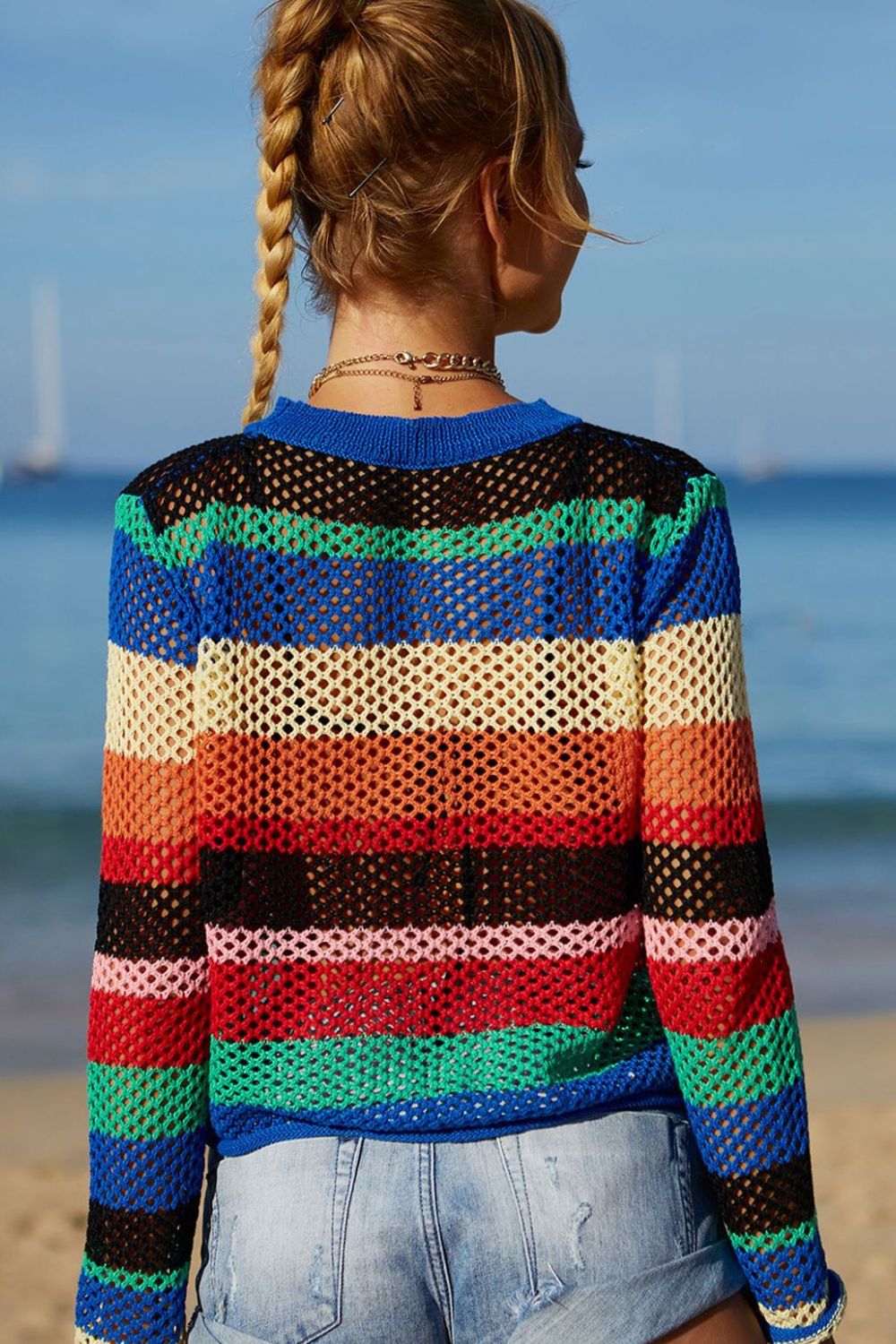 Angel Wings Rainbow Stripe Openwork Long Sleeve Cover-Up.