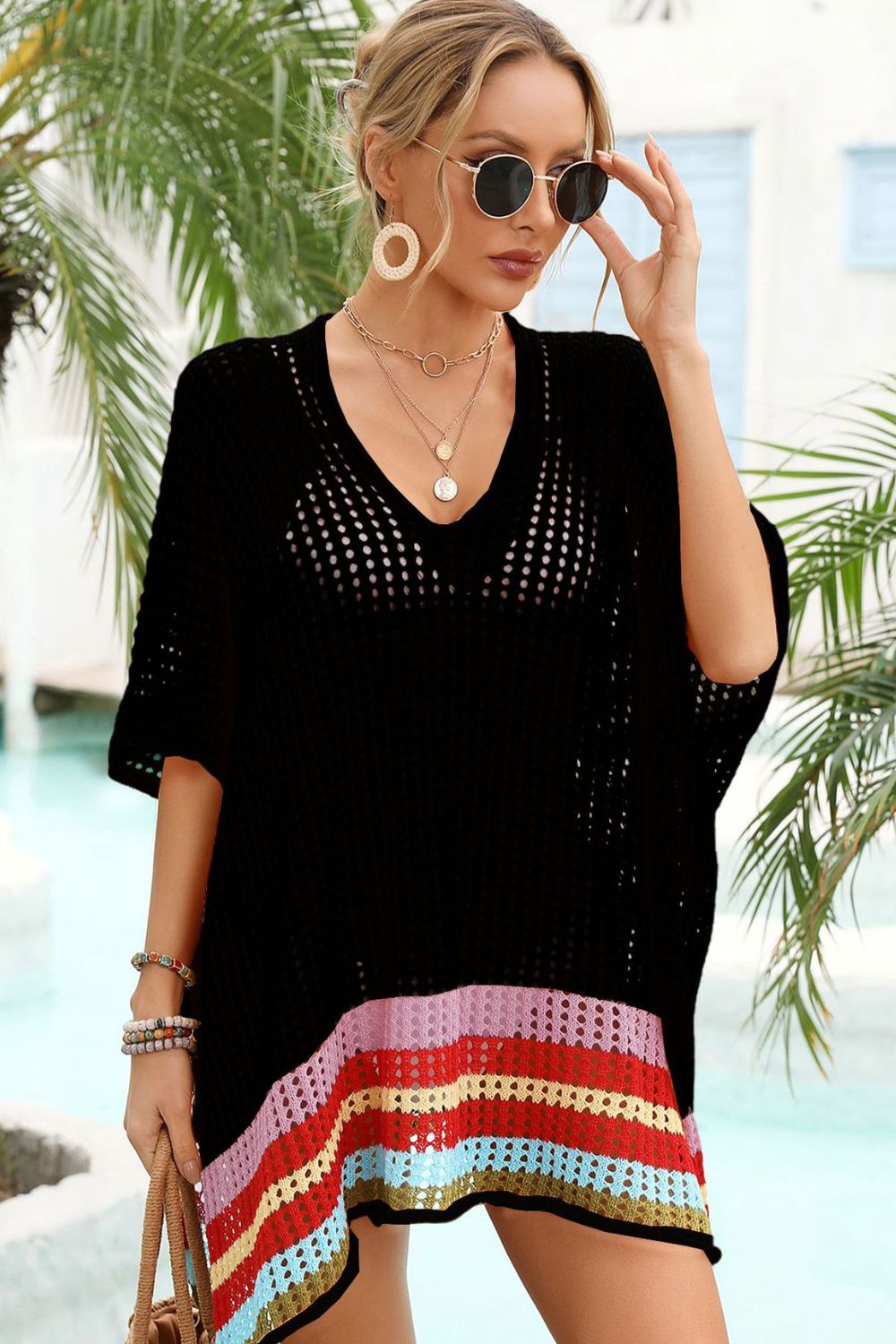 Angel Wings Rainbow Stripe Openwork Slit Cover-Up.