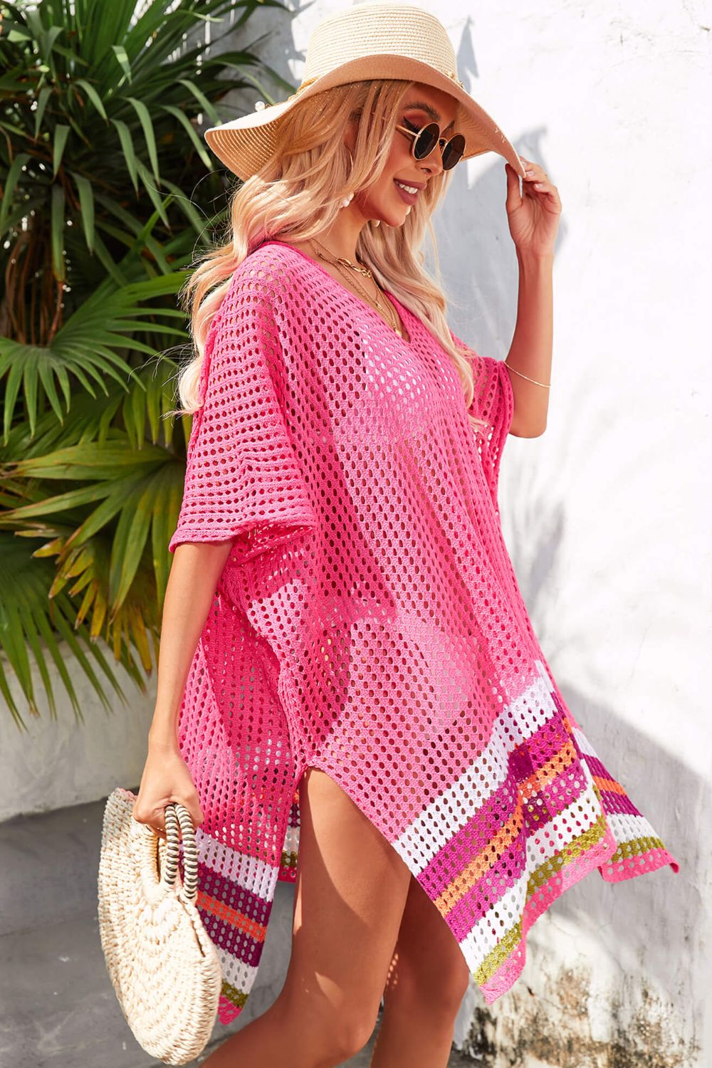 Angel Wings Rainbow Stripe Openwork Slit Cover-Up.
