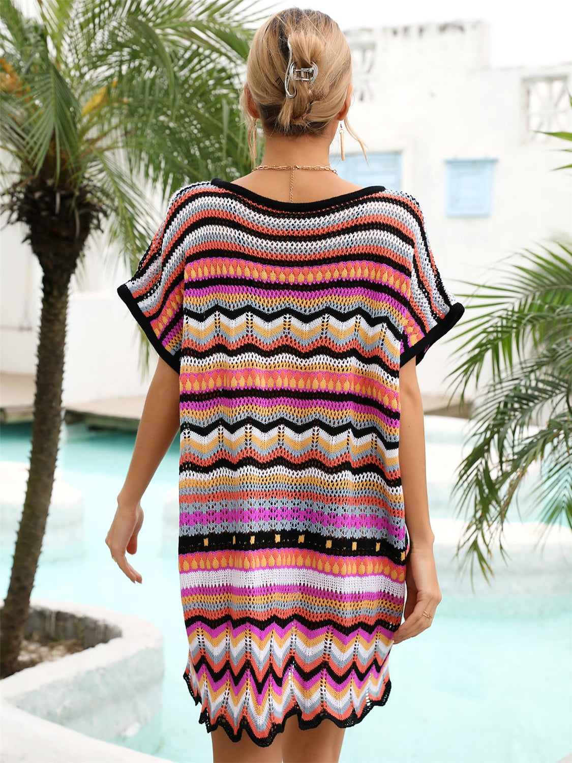 Angel Wings Rainbow Stripe Scalloped V-Neck Cover-Up Dress.