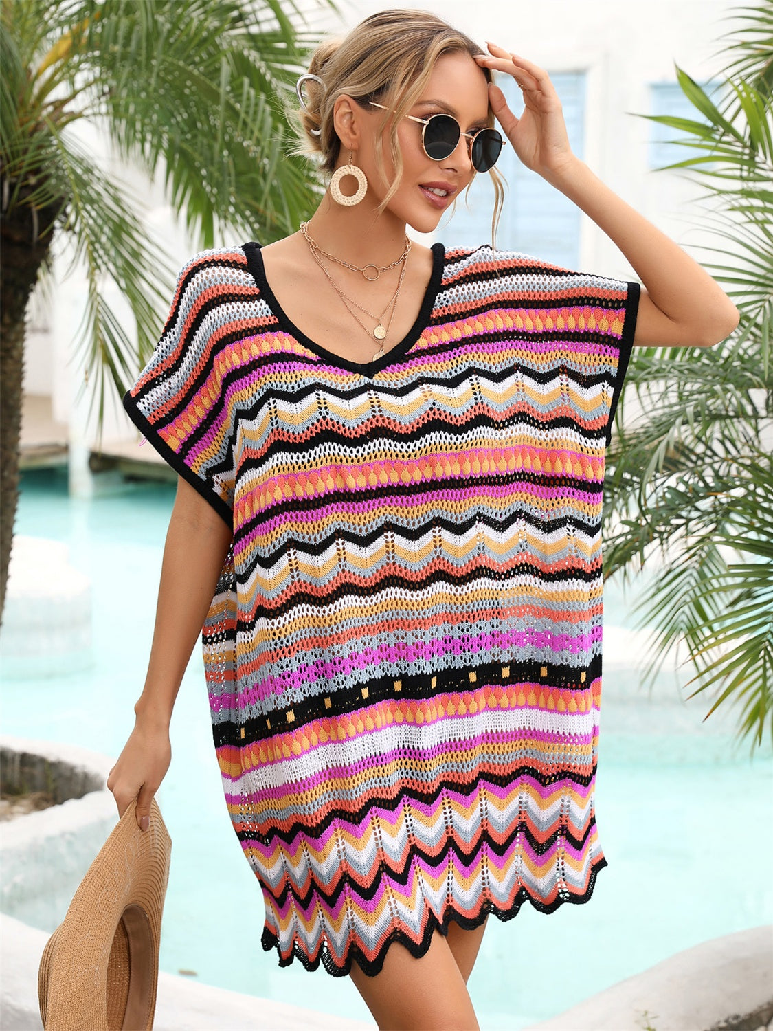 Angel Wings Rainbow Stripe Scalloped V-Neck Cover-Up Dress.