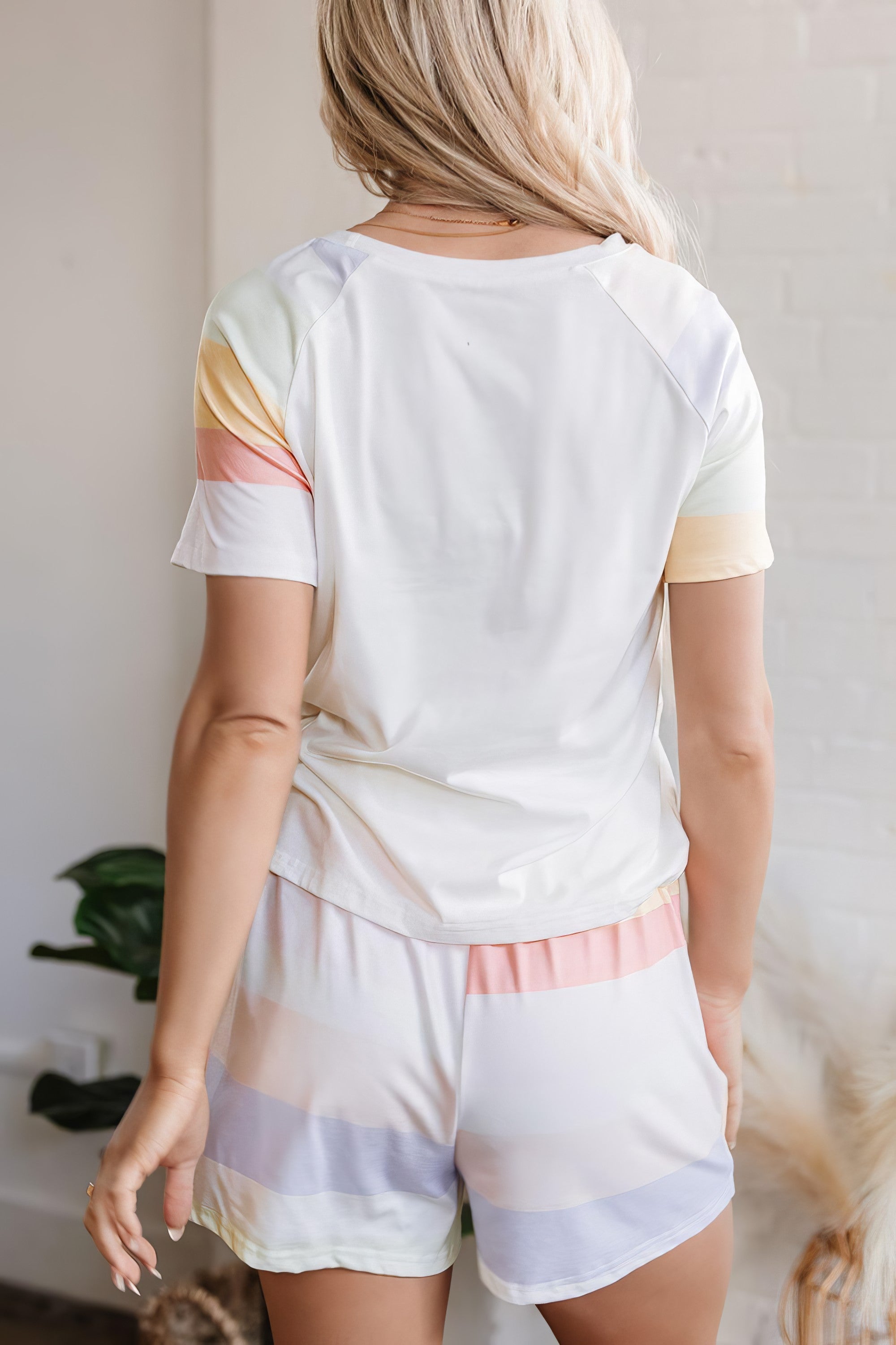 Women's rainbow striped round neck t-shirt and shorts lounge set with drawstring