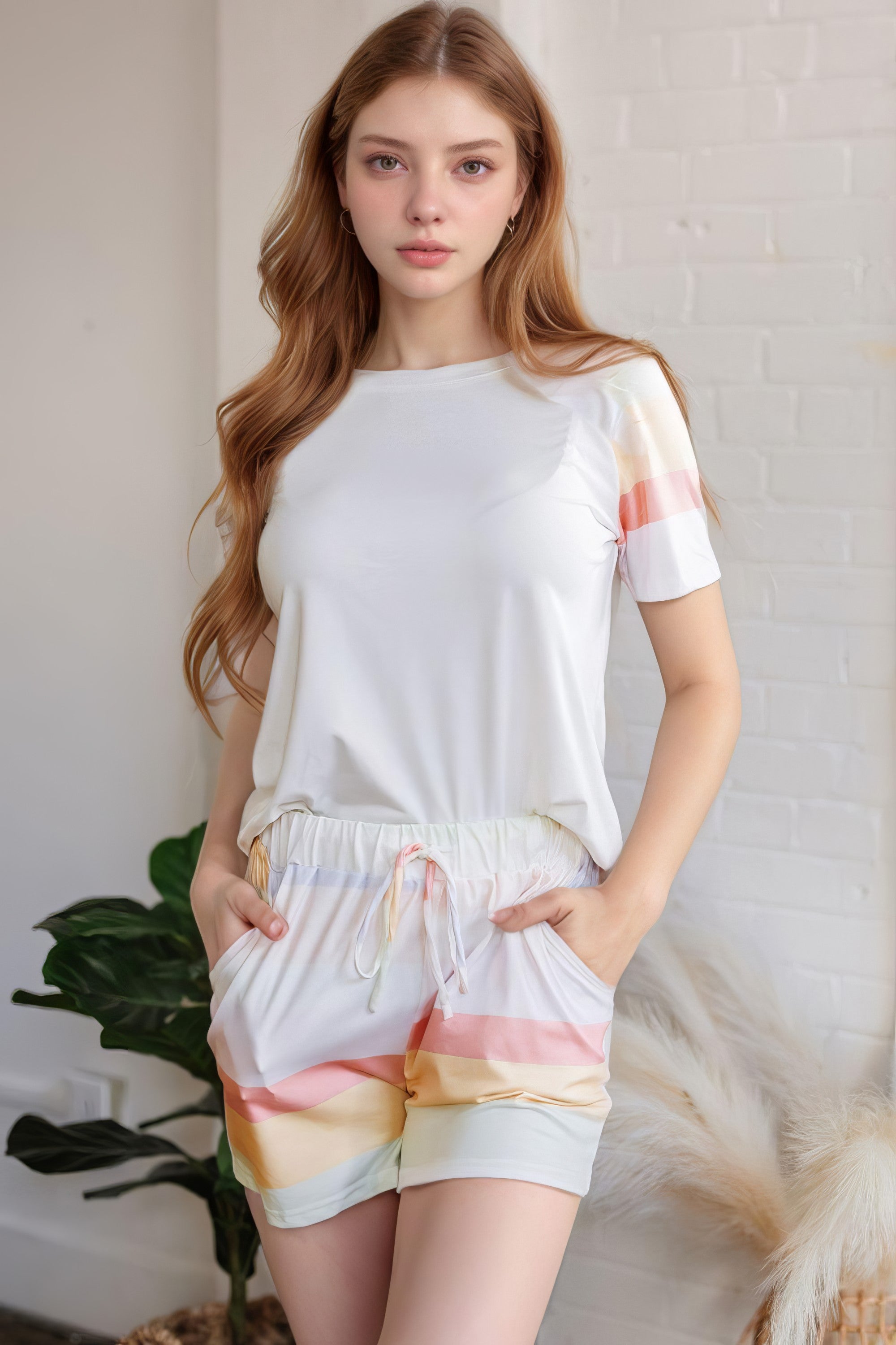 Women's rainbow striped round neck t-shirt and shorts lounge set with drawstring
