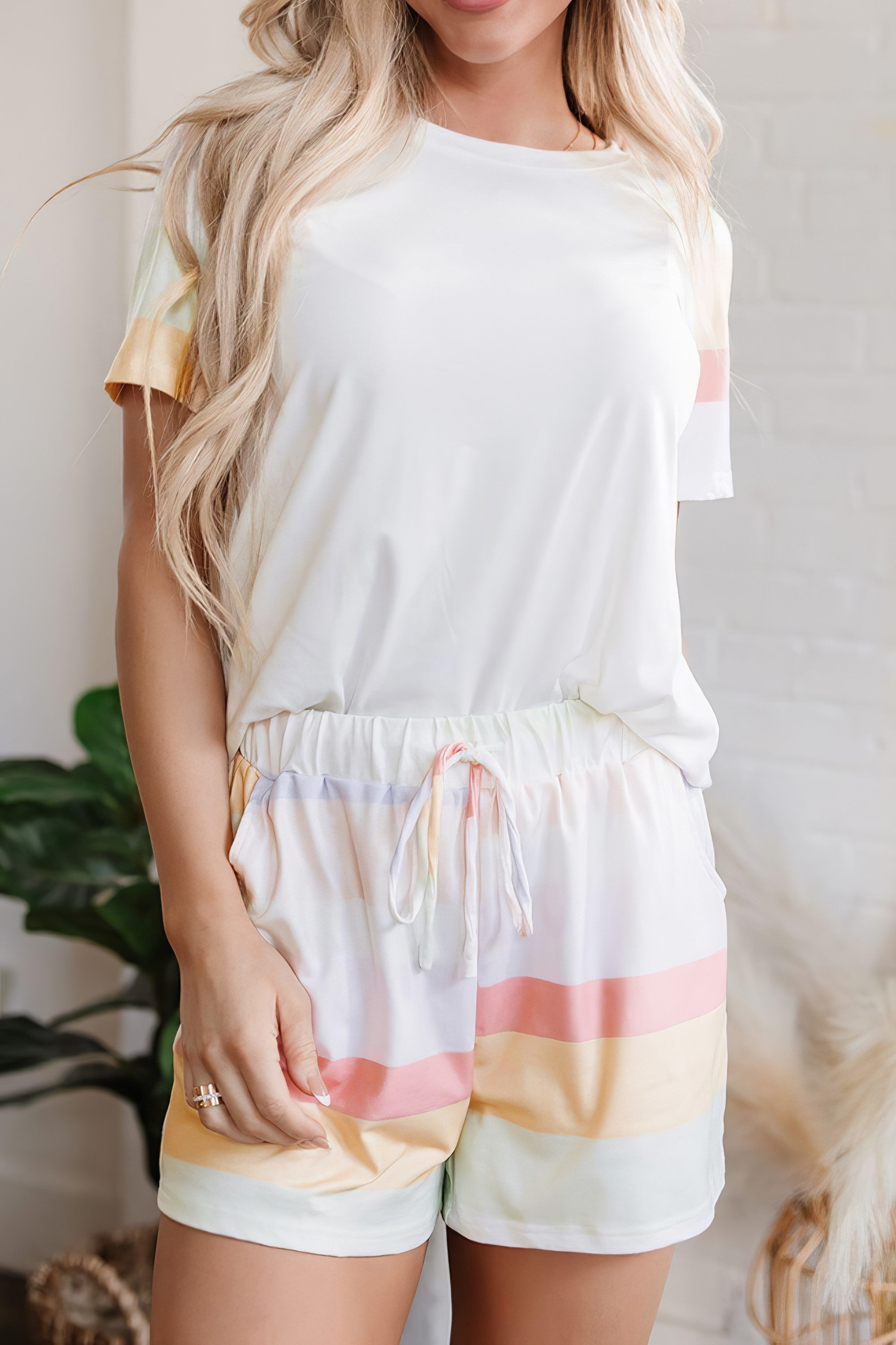 Women's rainbow striped round neck t-shirt and shorts lounge set with drawstring