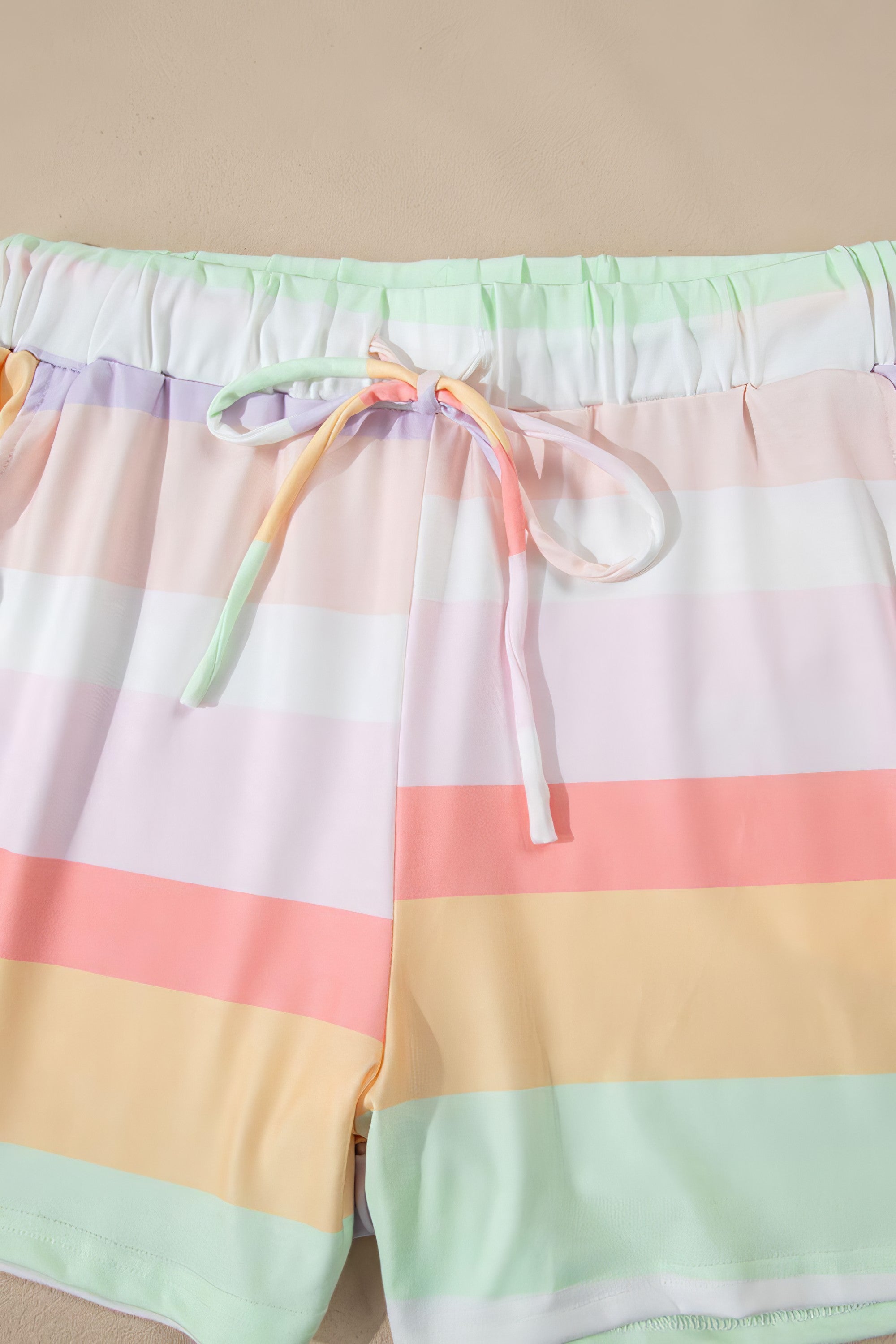 Women's rainbow striped round neck t-shirt and shorts lounge set with drawstring