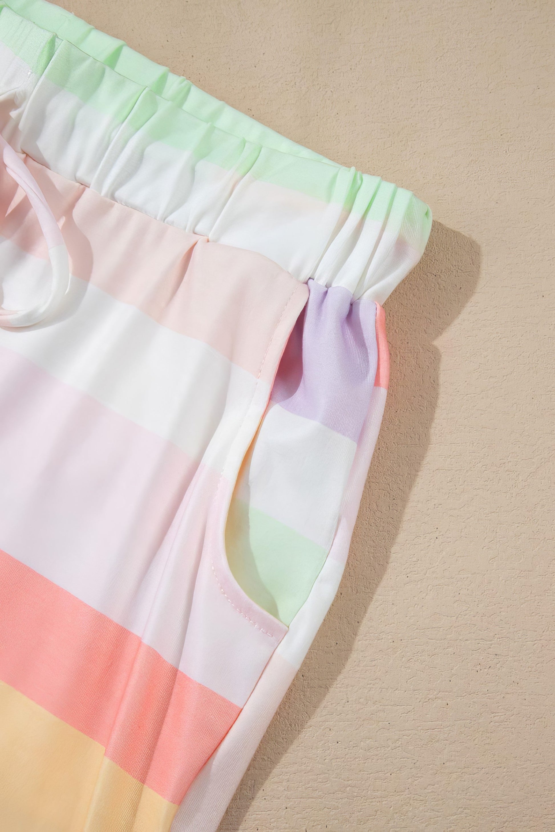 Women's rainbow striped round neck t-shirt and shorts lounge set with drawstring