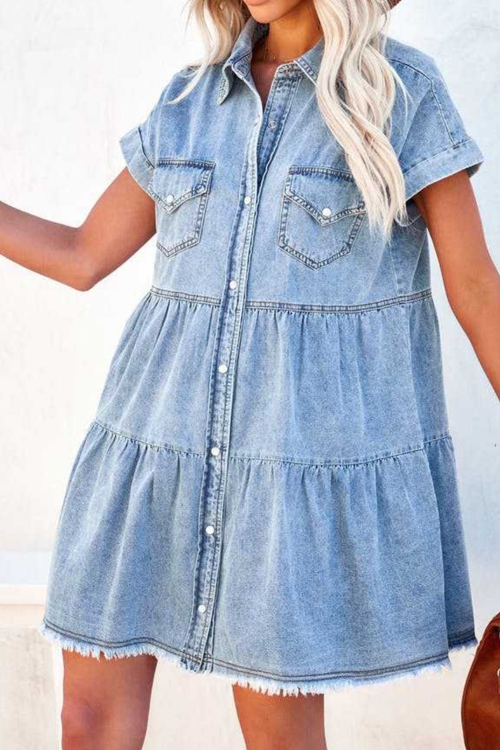 Raw Hem Button Down Denim Mini Dress.