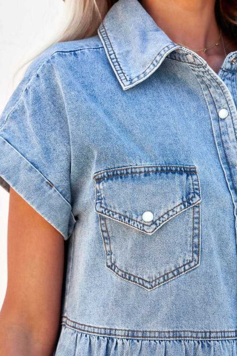 Raw Hem Button Down Denim Mini Dress.