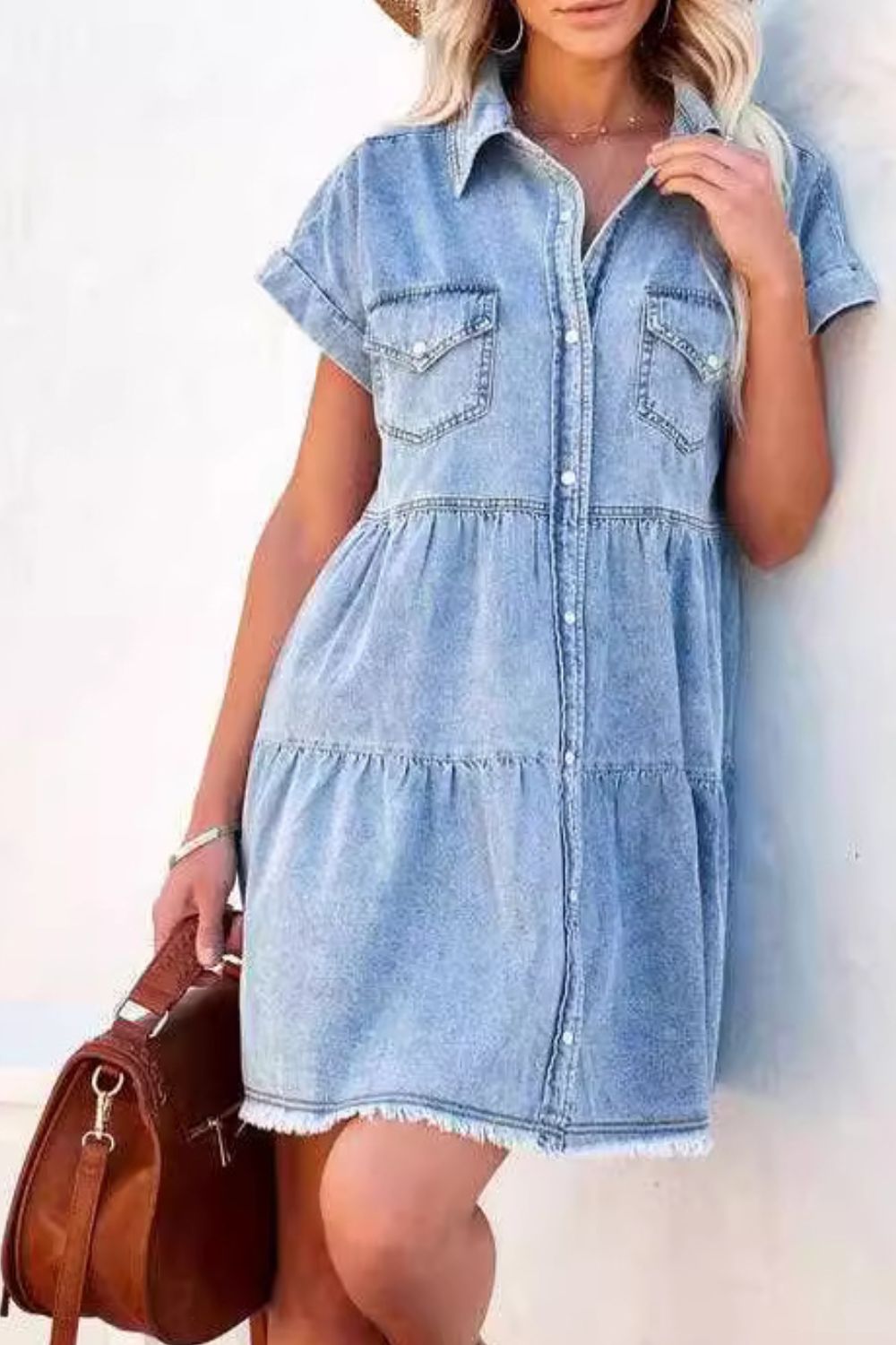 Raw Hem Button Down Denim Mini Dress.