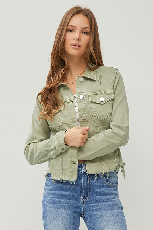 Plus size raw hem button up cropped denim jacket.