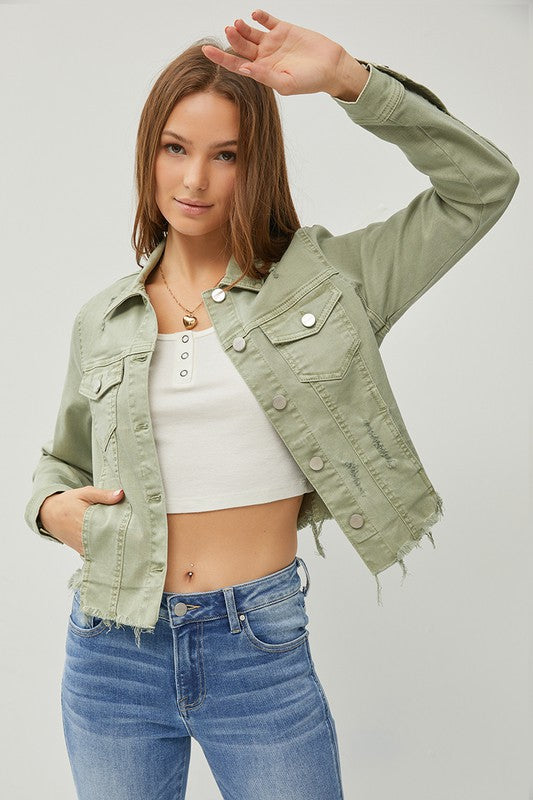 Plus size raw hem button up cropped denim jacket.