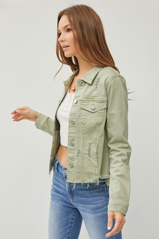 Plus size raw hem button up cropped denim jacket.