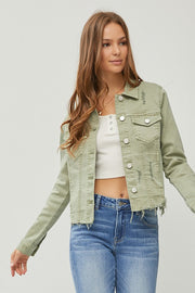 Plus size raw hem button up cropped denim jacket.