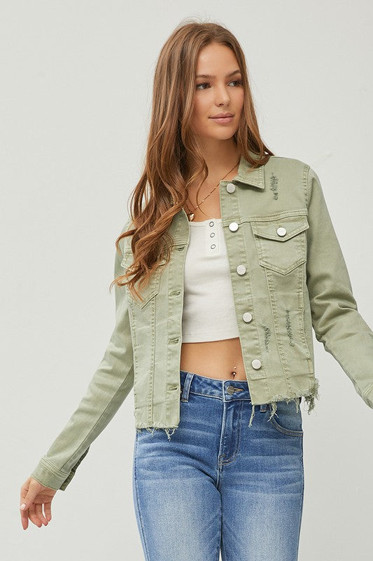 Plus size raw hem button up cropped denim jacket.