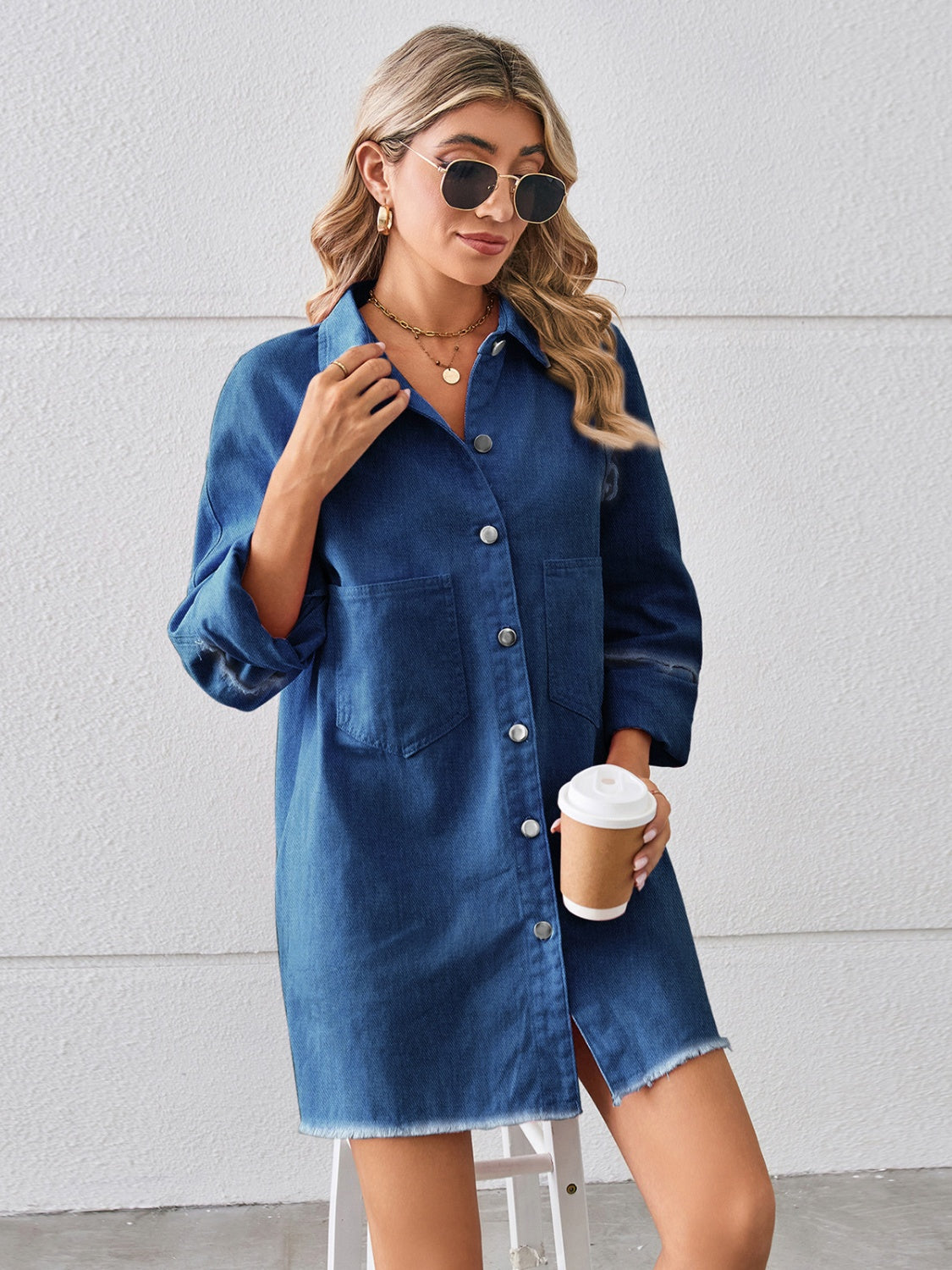 Raw Hem Button Up Denim Dress.