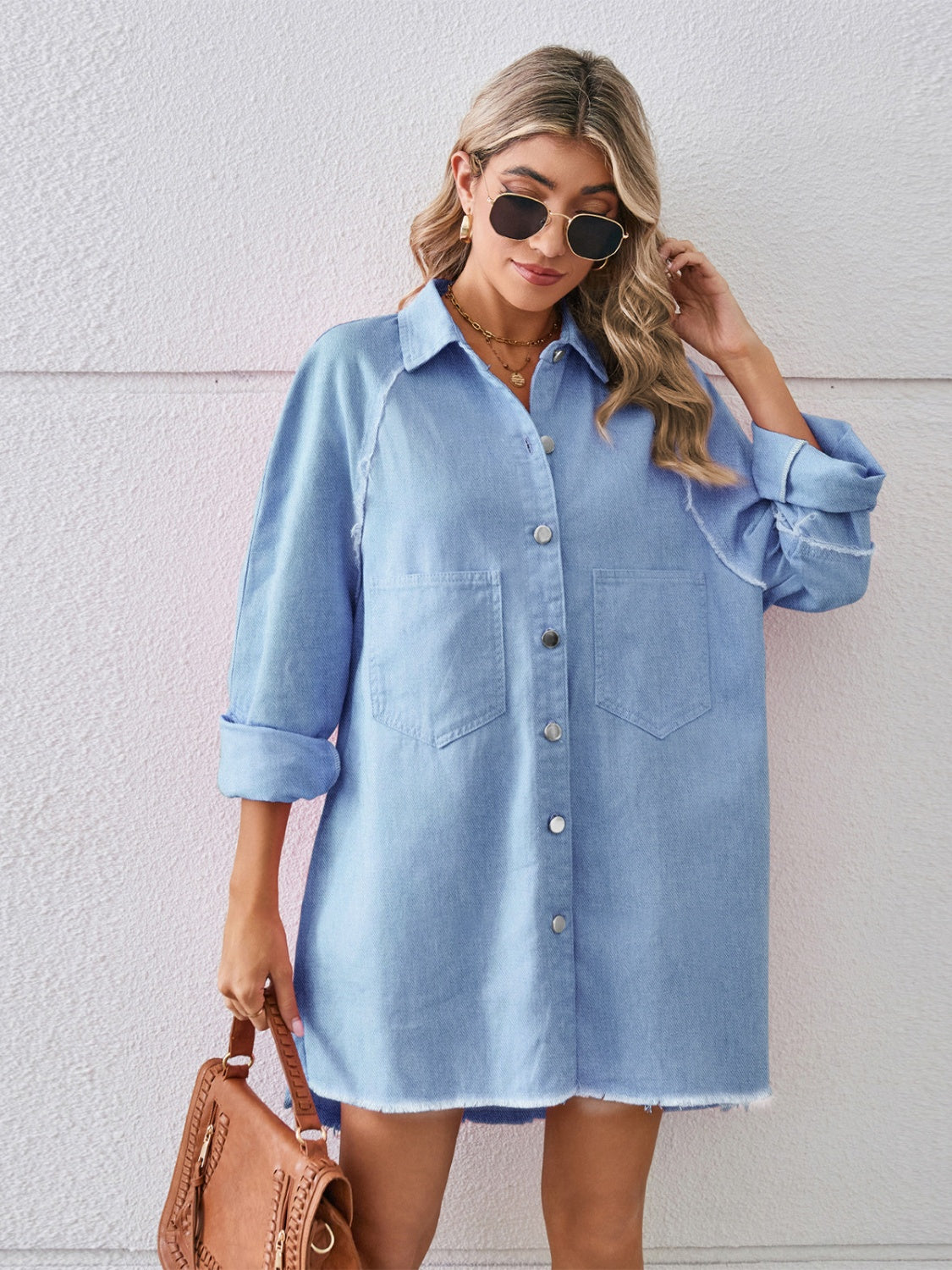 Raw Hem Button Up Denim Dress.