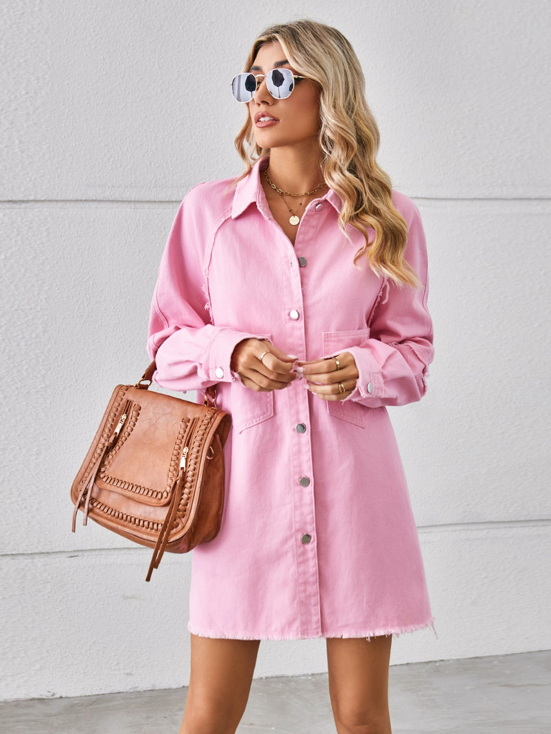 Raw Hem Button Up Denim Dress.