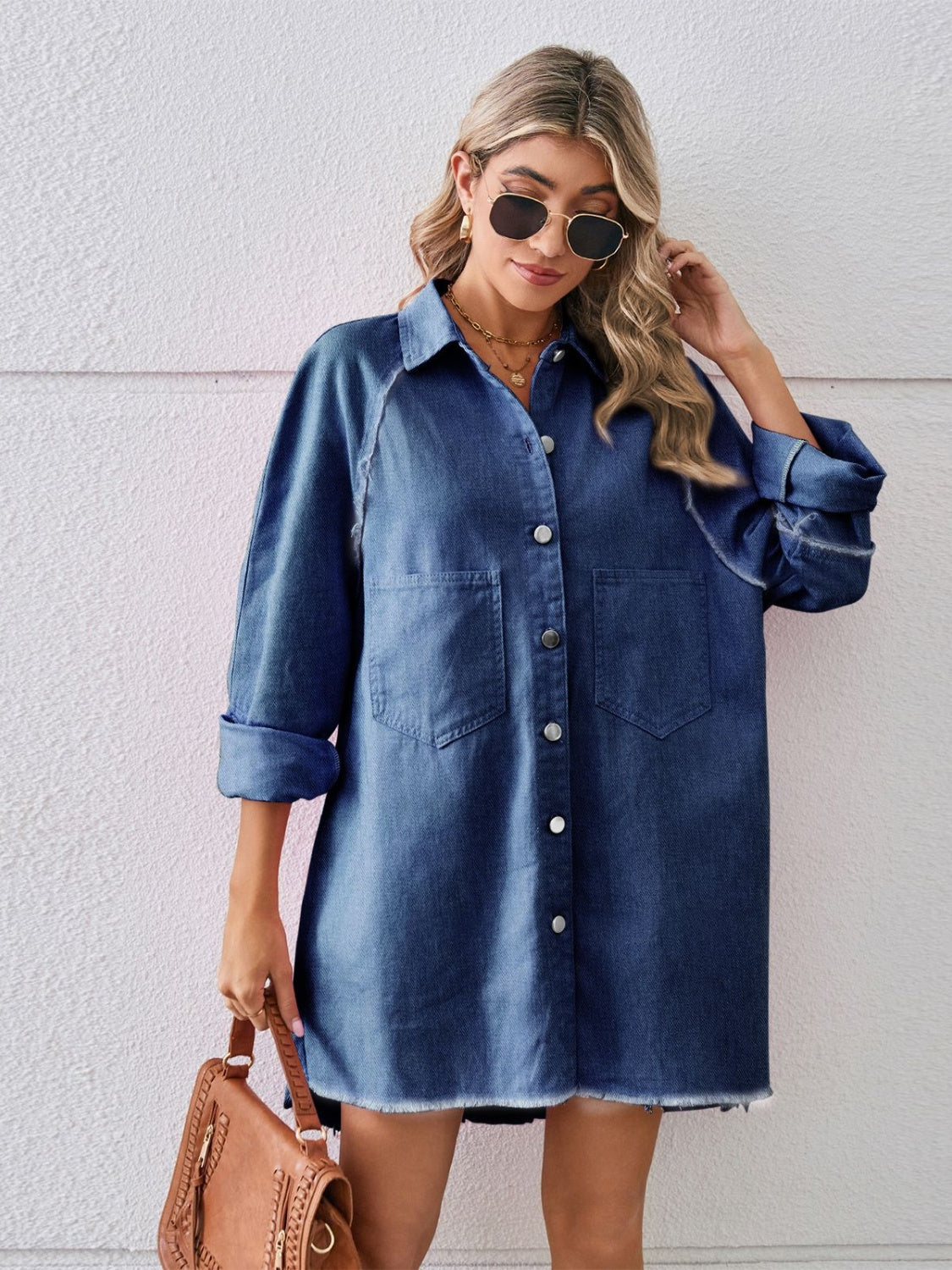 Raw Hem Button Up Denim Dress.