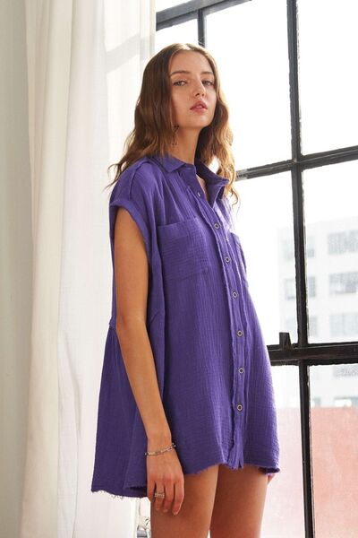Adora Raw Hem Collared Neck Button Down Shirt.