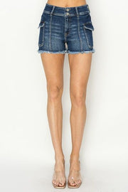 High rise denim shorts with cargo pockets.