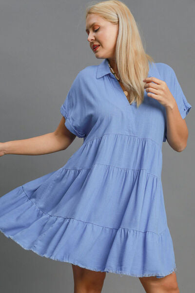 Umgee Full Size Raw Hem Folded Sleeve Tiered Dress Plus Size.