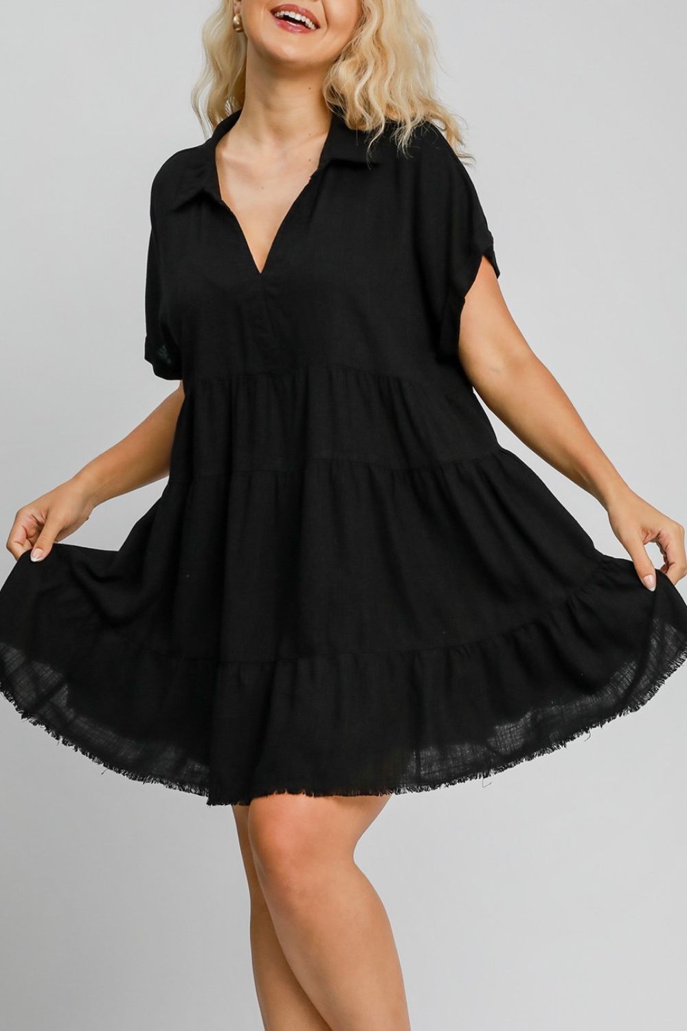 Umgee Full Size Raw Hem Folded Sleeve Tiered Dress Plus Size.