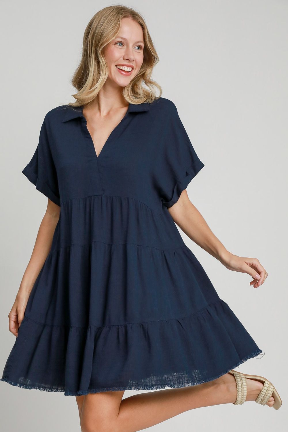 Umgee Full Size Raw Hem Folded Sleeve Tiered Dress Plus Size.