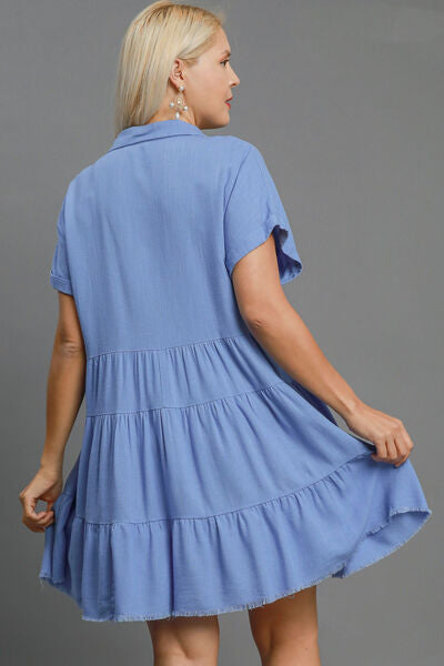 Umgee Full Size Raw Hem Folded Sleeve Tiered Dress Plus Size.