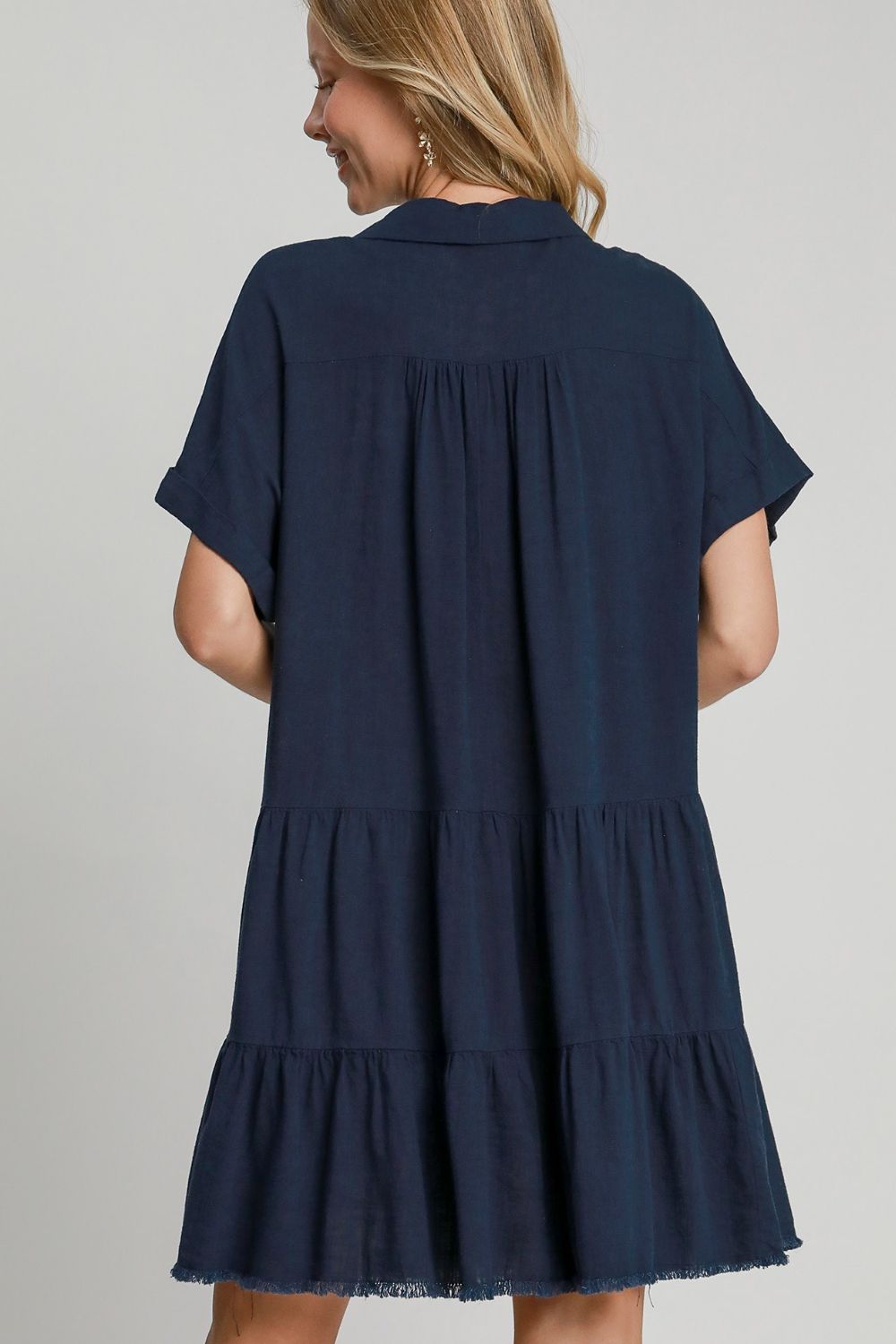 Umgee Full Size Raw Hem Folded Sleeve Tiered Dress Plus Size.