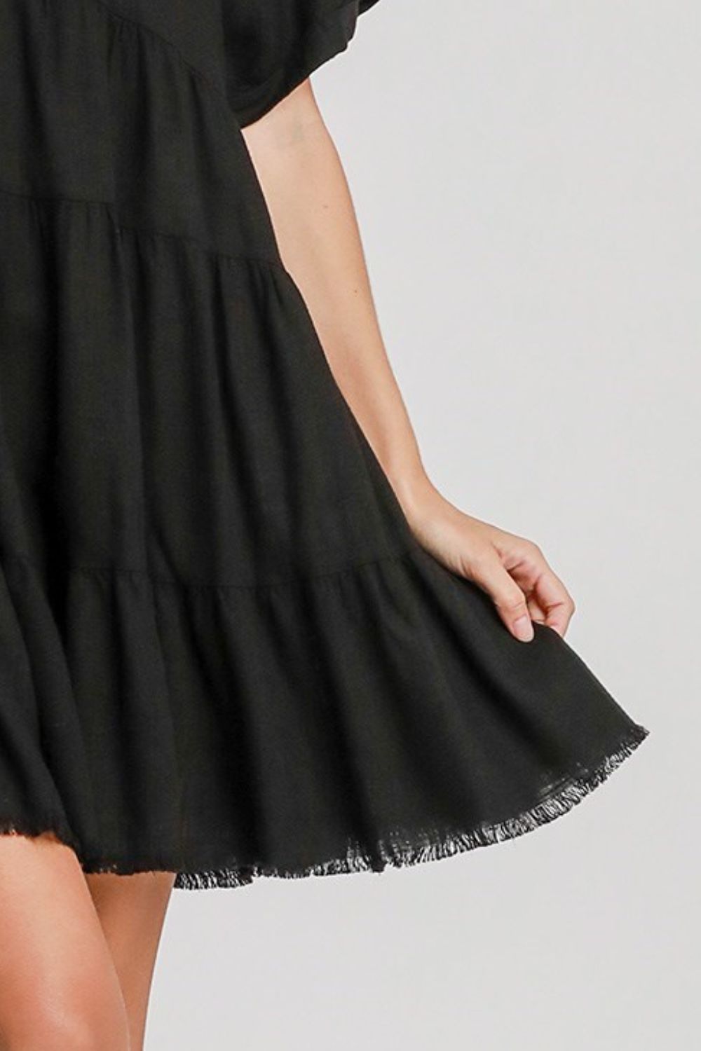 Umgee Full Size Raw Hem Folded Sleeve Tiered Dress Plus Size.