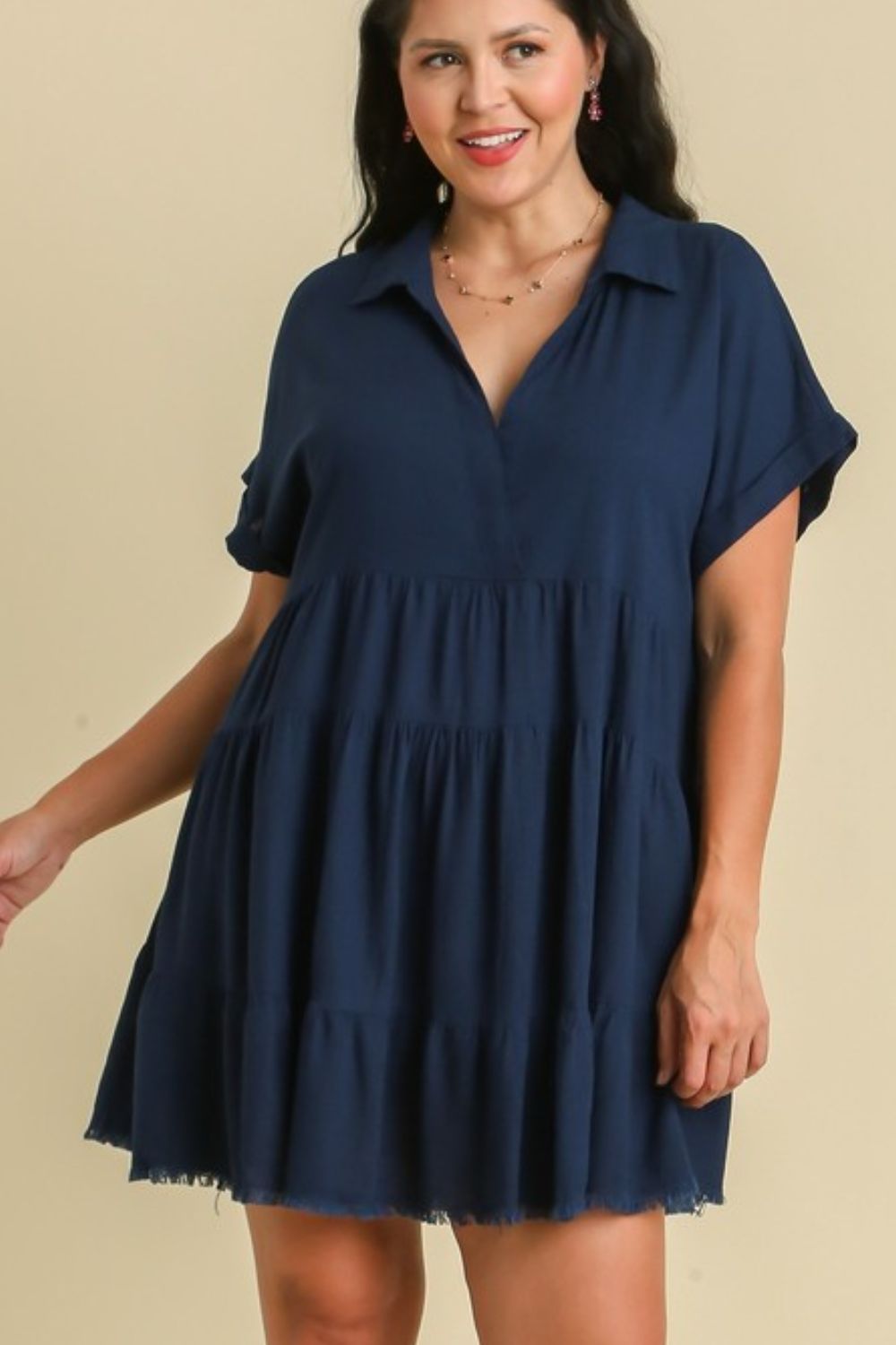 Umgee Full Size Raw Hem Folded Sleeve Tiered Dress Plus Size.