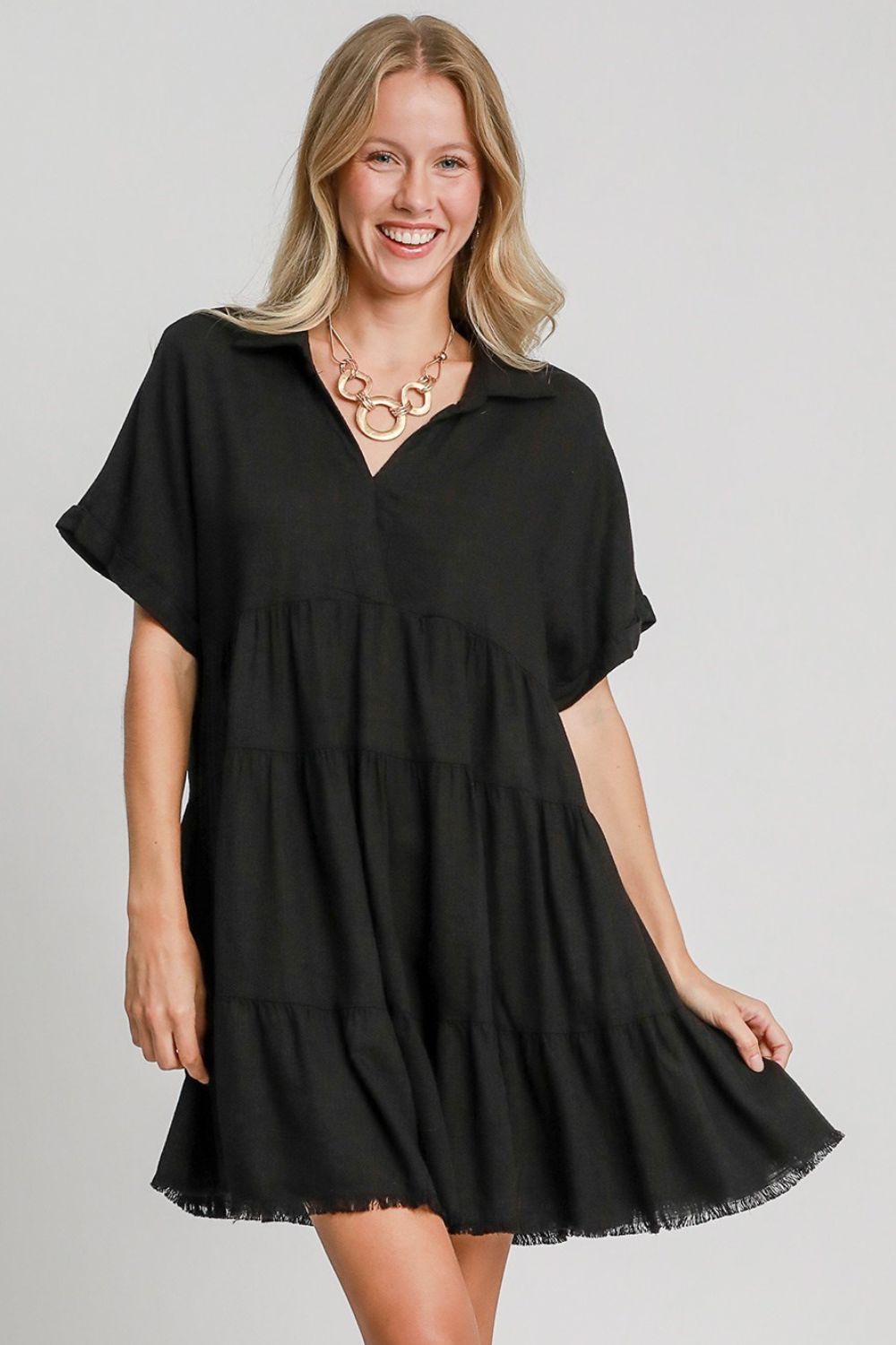 Umgee Full Size Raw Hem Folded Sleeve Tiered Dress Plus Size.