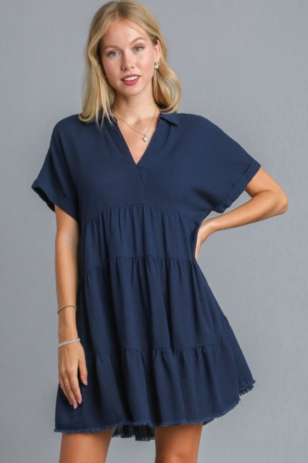 Umgee Full Size Raw Hem Folded Sleeve Tiered Dress Plus Size.