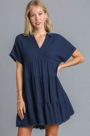 Umgee Full Size Raw Hem Folded Sleeve Tiered Dress Plus Size.