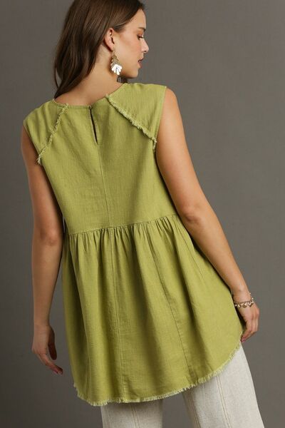 Umgee full size Raw Hem Linen Round Neck Sleeveless Top, plus size.
