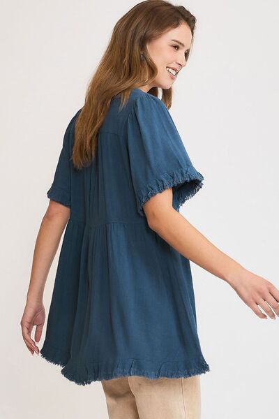 Umgee full size Raw Hem Notched Babydoll Linen Blouse, plus size.