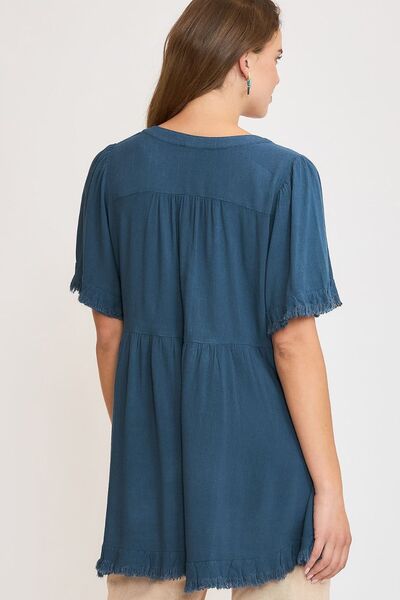 Umgee full size Raw Hem Notched Babydoll Linen Blouse, plus size.