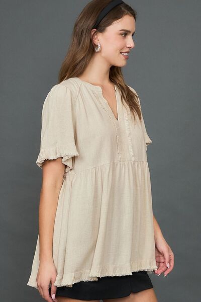 Umgee full size Raw Hem Notched Babydoll Linen Blouse, plus size.