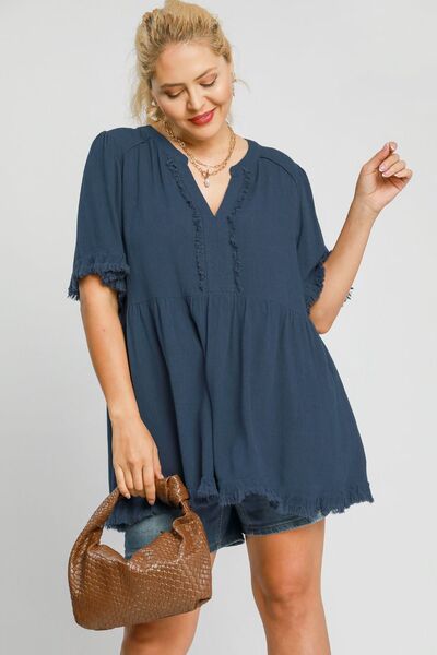 Umgee full size Raw Hem Notched Babydoll Linen Blouse, plus size.