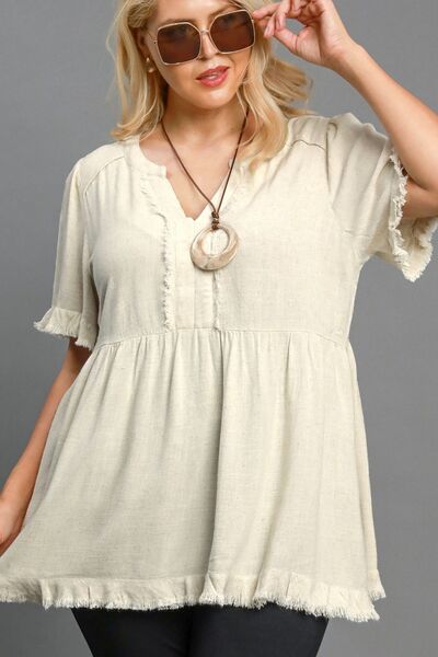 Umgee full size Raw Hem Notched Babydoll Linen Blouse, plus size.