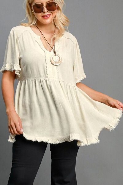 Umgee full size Raw Hem Notched Babydoll Linen Blouse, plus size.