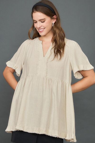 Umgee full size Raw Hem Notched Babydoll Linen Blouse, plus size.
