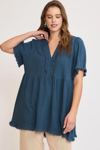 Umgee full size Raw Hem Notched Babydoll Linen Blouse, plus size.