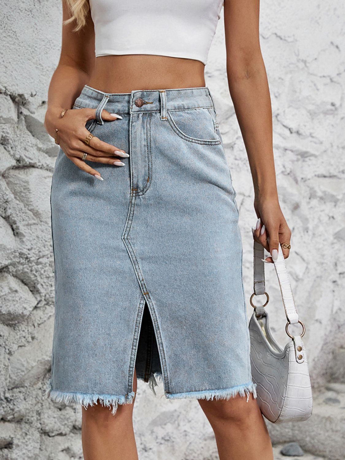 Raw Hem Slit Denim Skirt.