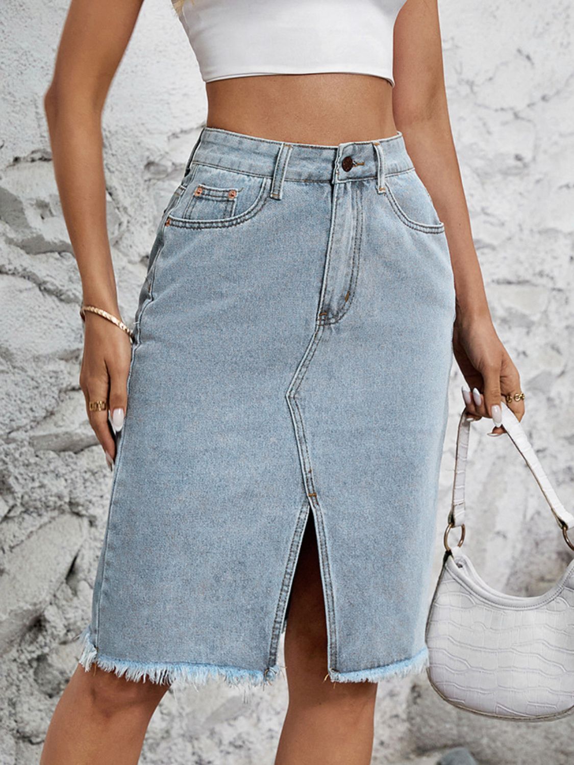Raw Hem Slit Denim Skirt.