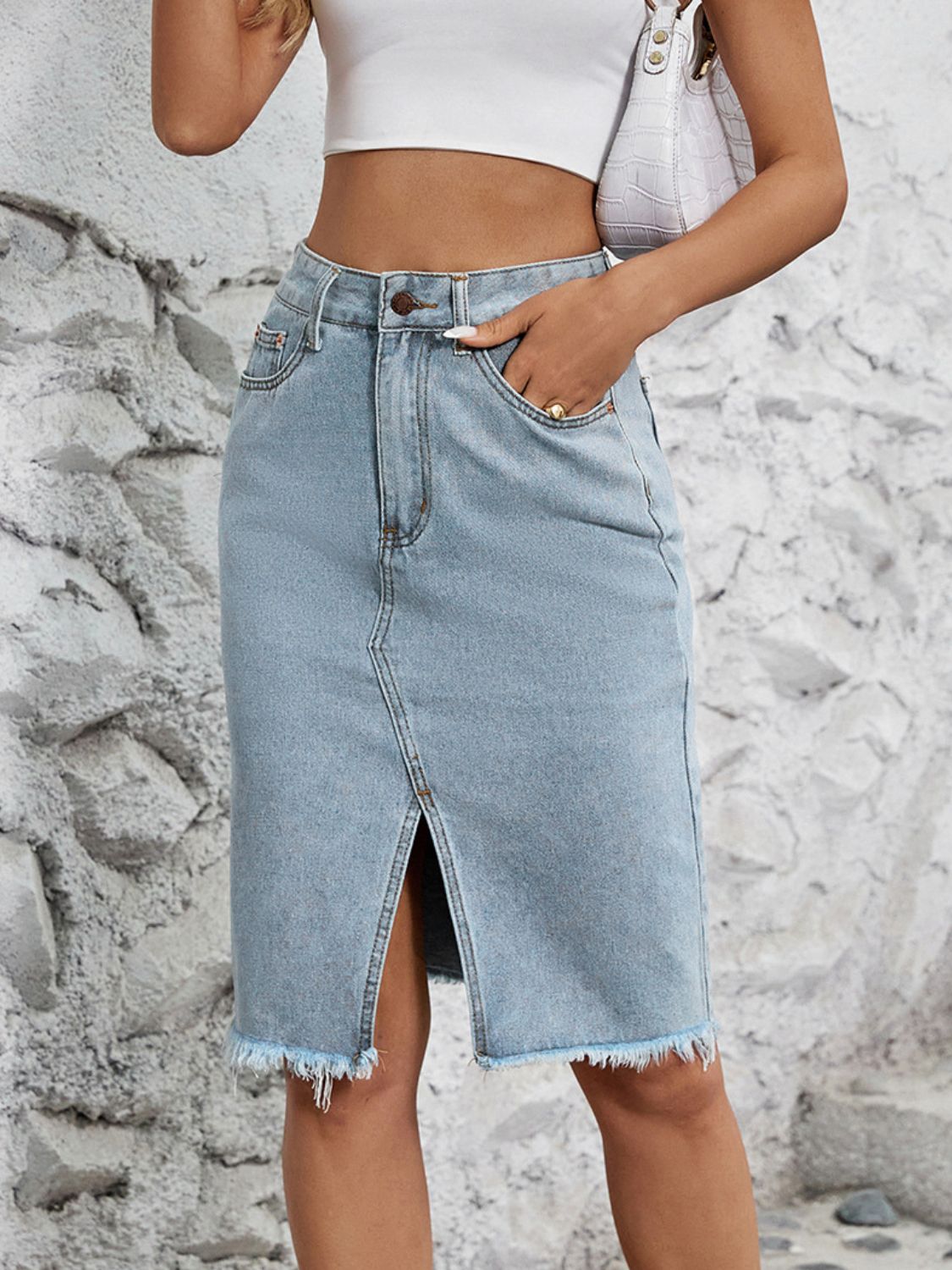 Raw Hem Slit Denim Skirt.