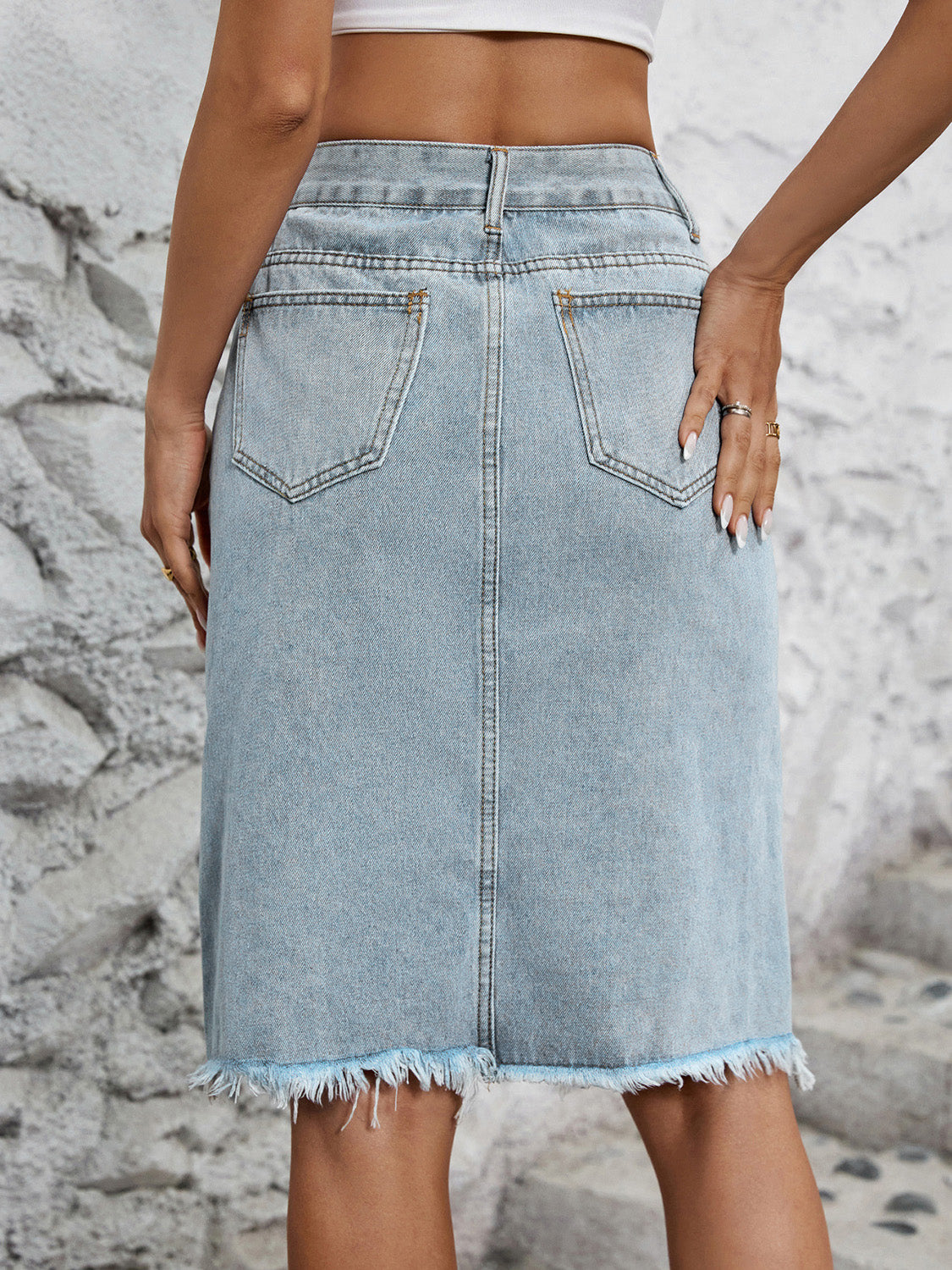 Raw Hem Slit Denim Skirt.